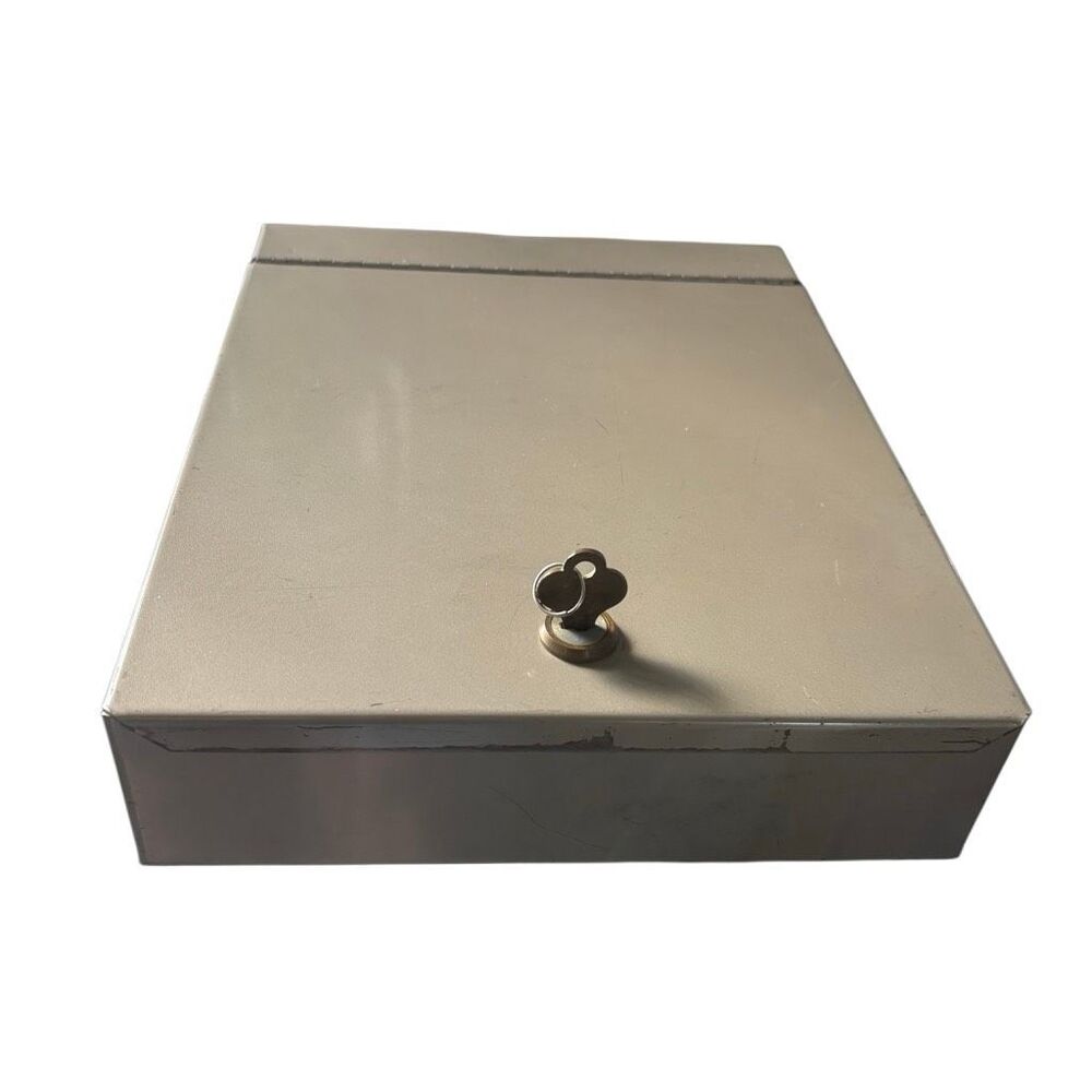Vintage Heavy Duty Metal Lock Box Cash Document Security Safe Tan Beige 12x9.5